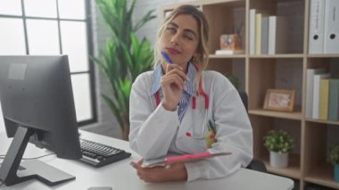 Klinikte bilgisayarla çalışan beyaz önlüklü sarışın kadın doktor.