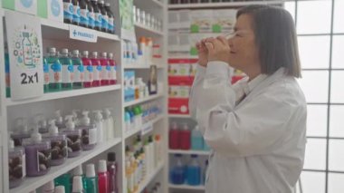 Olgun kadın eczacı, iyi stoklanmış bir eczanede kapalı mekanlarda rafları olan ürünleri inceliyor.