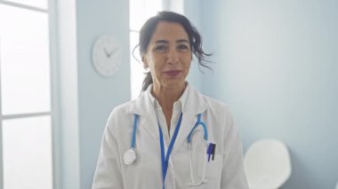 Steteskoplu beyaz önlüklü olgun bir kadın doktor, parlak bir hastane odasında profesyonellik ve bakım sunuyor..