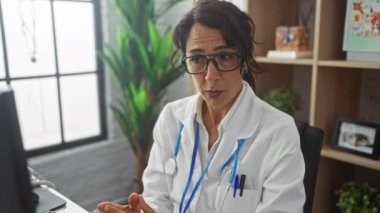 Steteskop, gözlük ve bitkilerle klinikte kendine güvenen bir kadın doktor, profesyonellik ve bakım sunuyor..