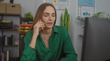 Ofis odasındaki çekici sarışın beyaz kadın telefonda konuşuyor. Etrafı kapalı bitkiler ve ofis malzemeleriyle çevrili..