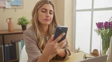 Düşünceli genç bir kadın akıllı telefonuyla rahat, iyi ışıklandırılmış bir ofis ortamında meşgul oluyor..