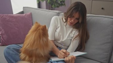 Pomeranian köpeğinin yanında, rahat bir oturma odasında kanepede oturan bir kadın not defterine yazıyor..