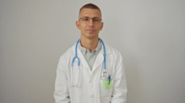 Gözlüklü ve steteskoplu yakışıklı genç bir doktor, beyaz bir duvar arkasında kollarını kavuşturuyor..