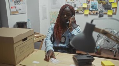 Odaklanmış bir Afro-Amerikan kadın dedektifi karmakarışık bir karakoldaki telefon görüşmesi sırasında kanıtları inceliyor.