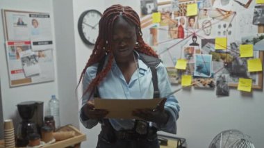 Afrika kökenli Amerikalı dedektif kadın soruşturma kuruluyla birlikte bir ofiste kanıtları analiz ediyor..