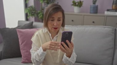 Olgun bir kadın elinde haplarla telefona bakar, modern bir oturma odasında oturur, sağlık sorunlarını resmeder..