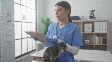 Önlüklü, odaklanmış bir kadın veteriner elinde bir dosya ve küçük bir köpekle iyi aydınlatılmış bir veteriner kliniğinde.