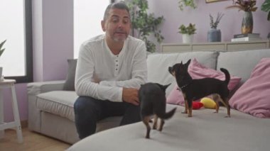 Orta yaşlı, İspanyol bir adam, rahat bir oturma odasında, bitkiler ve gri mobilyalarla etkileşime geçiyor..