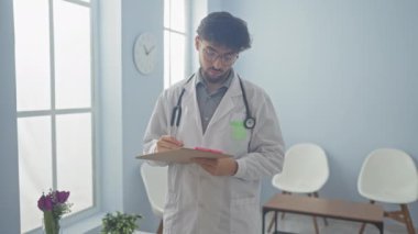 Beyaz önlüklü genç sakallı bir adam, elinde bir pano, sandalyeler ve saatle parlak bir hastane odasında duruyor..