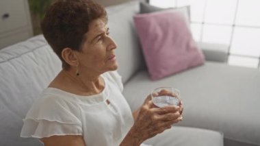 Beyaz bluzlu yaşlı bir kadın elinde bir bardak su tutarken rahat bir oturma odasında, yumuşak doğal ışıklandırması olan gri bir kanepede oturuyor..