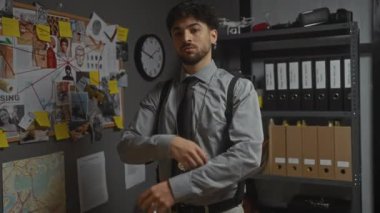 Sakallı, kendine güvenen genç bir adam soruşturma kurulları ve dava dosyalarının arasında bir dedektifin ofisinde kolları bağlı duruyor..