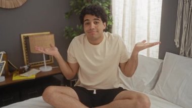 Pijamayla yatakta oturan genç İspanyol bir adam, elleri havada ve kolları omuz silkmiş, kafası karışık ve cahil bir ifade takınıyor.