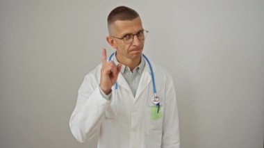 Doktor, beyaz önlüklü beyaz arka planda parmak hareketleriyle talimat veriyor.