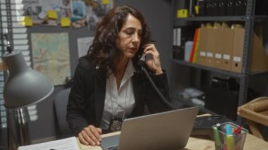 Ofisin içinde dizüstü bilgisayar ve telefon kullanan, odaklanmış ve araştırmacı olgun bir kadın dedektif..