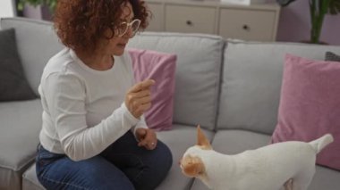 Yaşlı bir kadın sıcak, rahat bir oturma odası ortamında, yumuşak yastıklar ve mobilyalarla Chihuahua 'sıyla etkileşime girer ve sıcak, rahat bir atmosfer yaratır..
