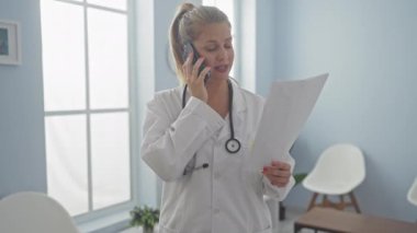 Beyaz önlüklü, odaklanmış sarışın bir doktor, parlak ışıklandırılmış bir klinik odasında bir hastanın raporunu tartışıyor..