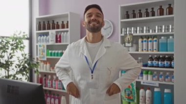Sakallı yakışıklı bir İspanyol genç adam bir eczanede duruyor. Etrafı çeşitli ürünlerle çevrili, kameraya içten bir şekilde gülümsüyor..