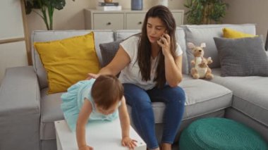 Oturma odasında kanepede, yastıklarla, oyuncaklarla ve ev dekoruyla oynayan bir kadın telefonda konuşuyor.
