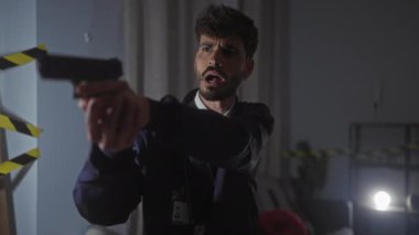 Odaklanmış sakallı İspanyol bir adam arka planda uyarı bandıyla loş bir suç mahalline silah doğrultuyor..