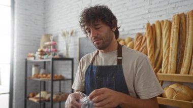 Fırın odasında çalışan genç bir adam. Arkaplanda bir sürü ekmek var.