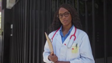 Kıvırcık saçlı, kendinden emin genç bir Afro-Amerikan kadın doktor hastanenin yakınındaki bir şehir merkezinde elinde bir pano, gözlük ve steteskop ile dikiliyor..