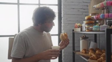 Pastalarla dolu sıcak bir fırında elinde bir fincan kahveyle donuttan zevk alan bir adam.