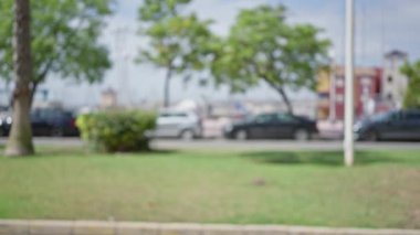 Bulanık şehir manzarası arabalar, ağaçlar, yeşil çimenler ve açık mavi bir gökyüzü.