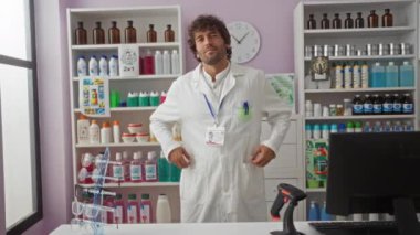 Genç eczacı erkek, tıbbi ürünler, vitaminler ve çeşitli sağlık malzemeleriyle dolu düzenli bir eczanede güvenle duruyor.