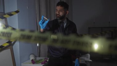 Eldivenli İspanyol bir adli tıp dedektifi loş ışıkta yanan bir suç mahallinde kanıta dikkat bandı ve kan lekeleriyle bakıyor.