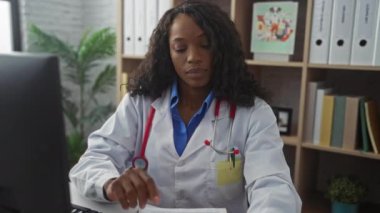 Klinikte çalışan kıvırcık saçlı Afro-Amerikan kadın doktor, masasının içindeki belgeleri inceliyor, beyaz önlük ve gözlük takıyor..