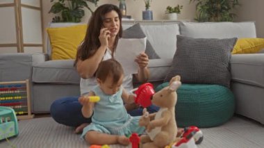 Elinde kağıt olan bir kadın telefonda konuşuyor ve kızı büyük bir kanepe, yastıklar ve bitkilerle oturma odasında oyuncaklarla oynuyor.