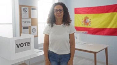 İspanyol orta yaşlı kadın oy pusulasının başında duruyor, kollarını kavuşturmuş, mutlu ve gülümsüyor, İspanyol seçim üniversitesinde pozitif görünüyor.