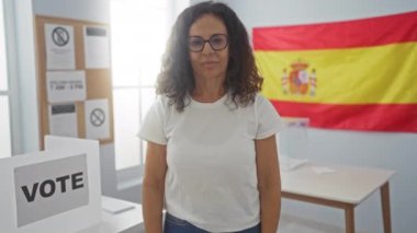 İspanya Seçim Koleji 'nde, oy verirken ve oy kullanırken mutlu bir şekilde gülümseyen orta yaşlı, İspanyol bir kadın.