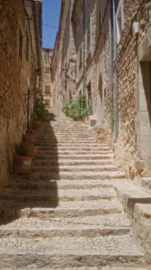 Mallorca 'da çiçek saksıları, büyüleyici tarihi mimari ve güneşli bir günde manzarayı aydınlatan doğal ışıkla kaplı taştan bir sokak.