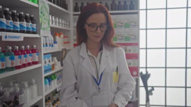 Laboratuvar önlüklü odaklı bir kadın eczacı iyi stoklanmış bir eczanede ürünleri inceliyor.