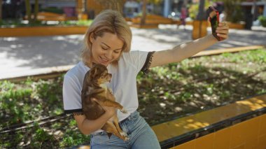 Sarışın bir kadın güneşli bir günde şehir parkında Chihuahua 'sını tutarken selfie çekiyor..