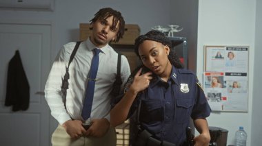 A policewoman with a radio and her male detective partner stand in a police department office with a wanted notice board in the background. clipart