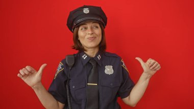 Kendine güveni tam bir İspanyol polis memuru. Kendini kırmızı arka planda gösteren neşeli bir ifadesi var..