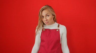 Suratı asık, kırmızı tulumlu sarışın bir kadın izole edilmiş kırmızı bir arka plana karşı duruyor..