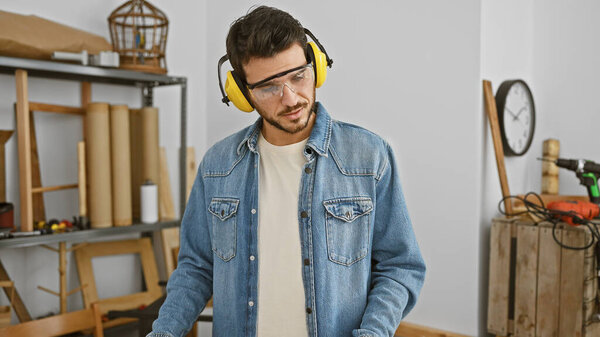 Hispanic carpenter with beard wearing safety headphones and glasses in a workshop