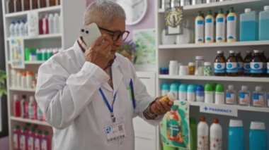 Eczanedeki gri saçlı bir İspanyol telefonda konuşurken ilaç şişesini inceliyor..