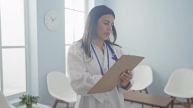 Beyaz önlüklü genç bir İspanyol kadın doktor modern bir kliniğin bekleme odasındaki panoya notlar yazıyor. Beyaz sandalyeli ve saati duvarında..