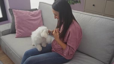 Kapalı bir koltukta oturan genç bir kadın beyaz Bizon köpeğiyle sevgi dolu bir şekilde iletişim kuruyor..