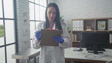 Laboratuvar önlüklü ve eldivenli gülümseyen kadın kapalı klinikteki veteriner muayenehanesinde panoya baktı..