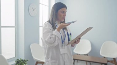 Genç bir İspanyol kadın doktor hastane lobisinde elinde bir dosya tutarken sesli mesaj yolluyor..