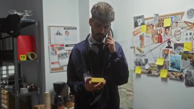 İspanyol adam telefonda konuşuyor, not tutuyor. Elinde kanıt panosu ve kayıp posterleri var..