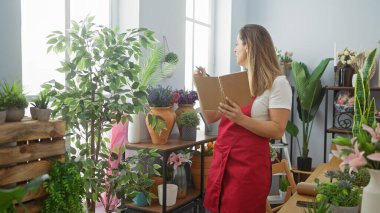 Önlüklü genç bir İspanyol kadın iyi ışıklandırılmış bir ev ortamındaki canlı ev bitkilerinin arasında notlar alıyor..