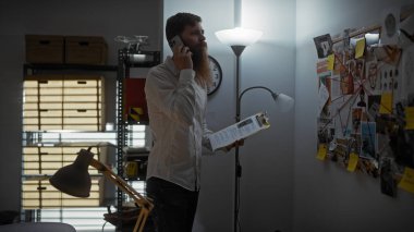 Ofisteki sakallı yakışıklı kızıl adam soruşturma kurulunun yanında telefonla konuşuyor.