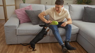 Genç bir İspanyol adam, evcil hayvanıyla rahat bir kanepede oturan evcil hayvanı ve sahibi arasında neşeli bir an olduğunu gösteren, kapalı bir oturma odasında dachshund köpeğiyle oynuyor..